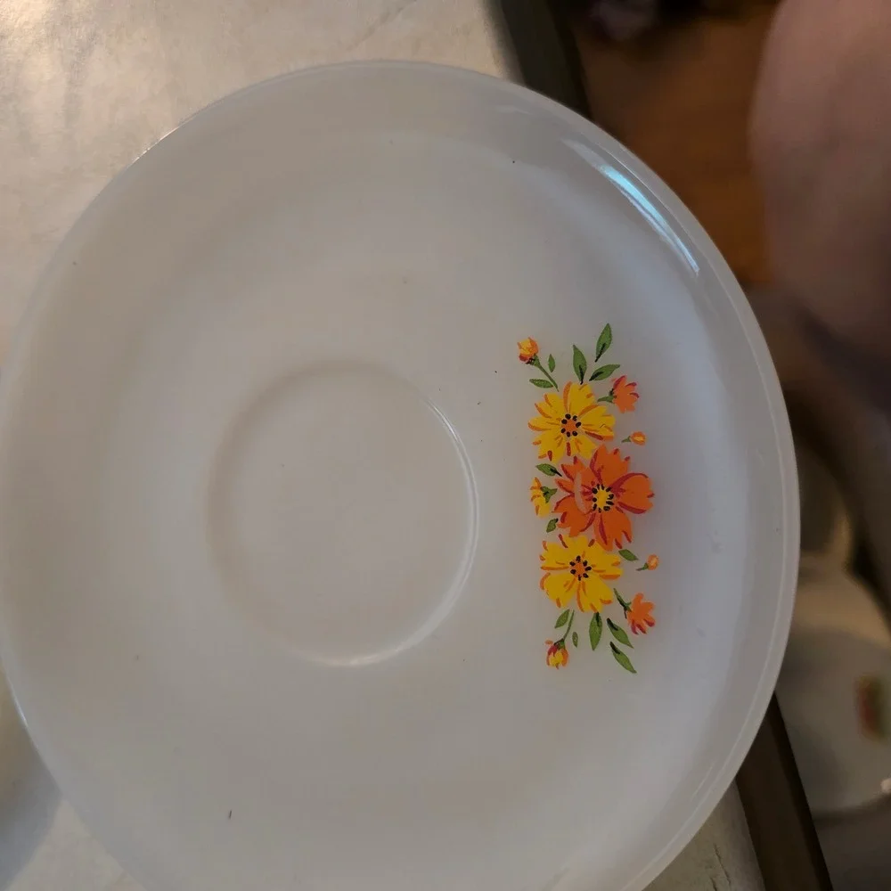 Vintage Anchor Hocking Fire King Milk Glass Floral Saucers Set of 4 Mixed Flower